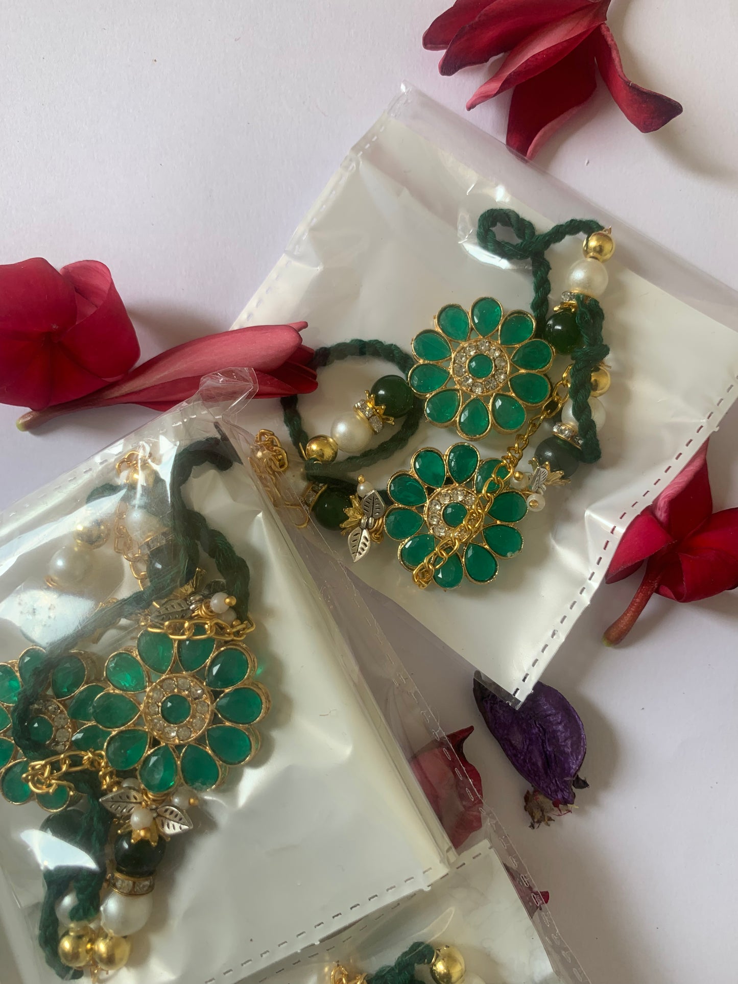 Royal Emerald Floral Bhai Bhabhi Rakhi Jodi | Premium Green Pearl Designer Lumba Rakhi Set | Raksha Bandhan Special