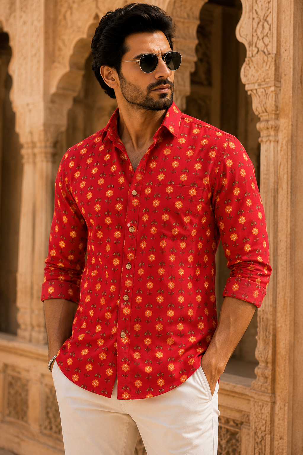 THEEMAR Premium Jaipuri Floral Printed Cotton Shirt for Men | Full Sleeves | Red