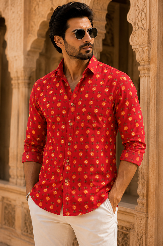 THEEMAR Premium Jaipuri Floral Printed Cotton Shirt for Men | Full Sleeves | Red