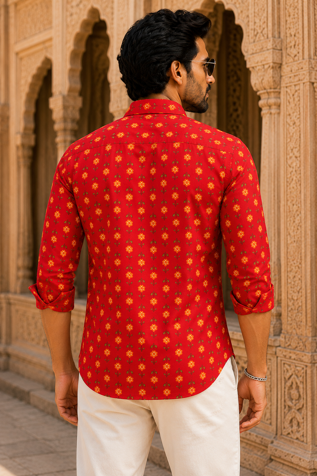 THEEMAR Premium Jaipuri Floral Printed Cotton Shirt for Men | Full Sleeves | Red