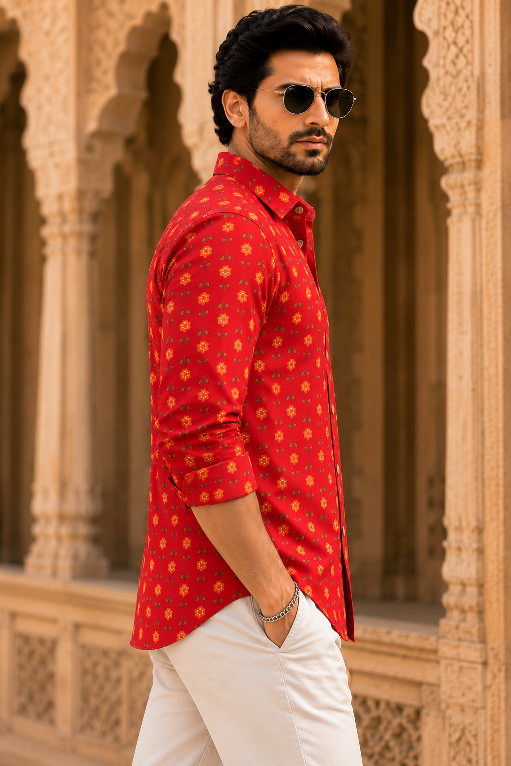THEEMAR Premium Jaipuri Floral Printed Cotton Shirt for Men | Full Sleeves | Red