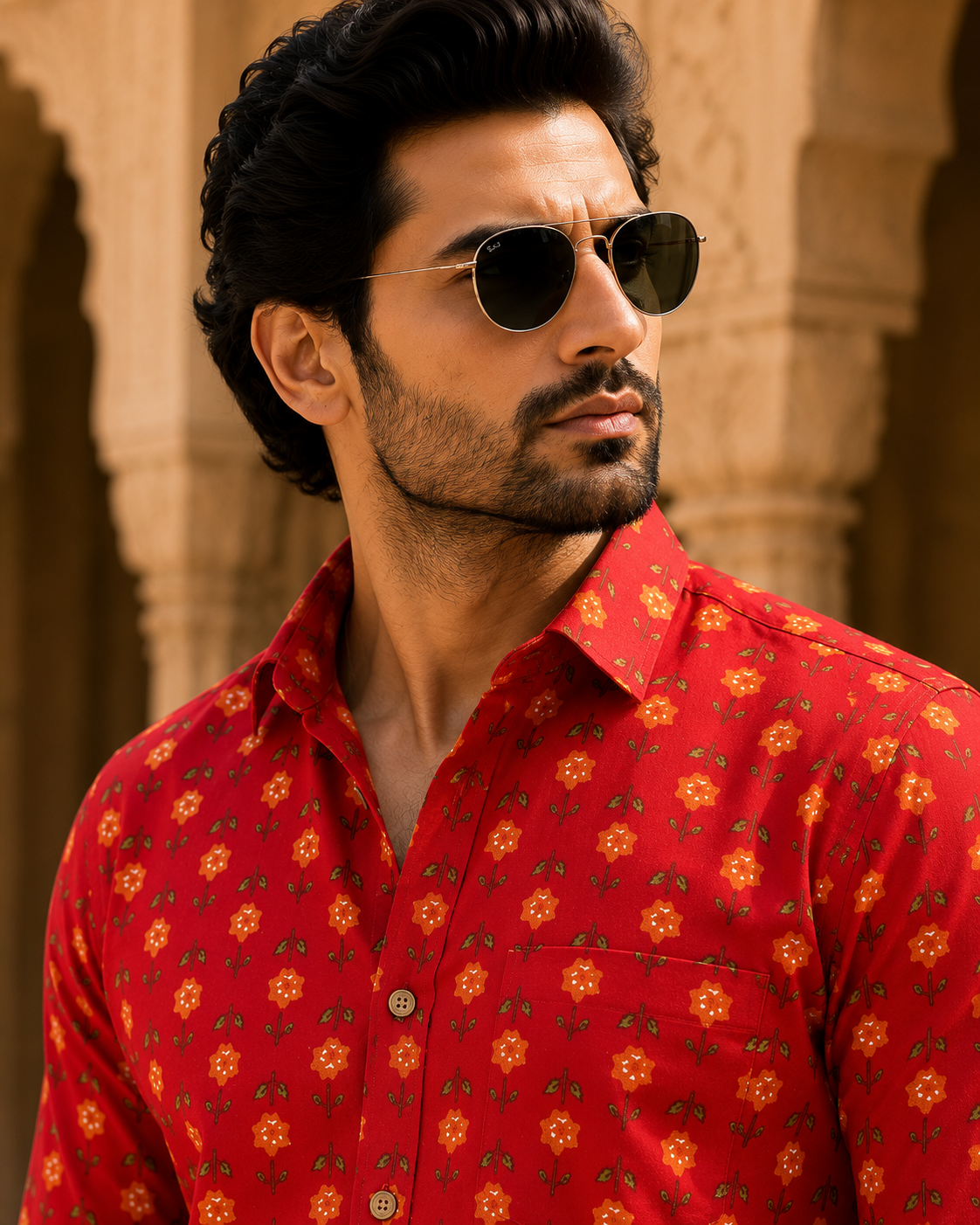 THEEMAR Premium Jaipuri Floral Printed Cotton Shirt for Men | Full Sleeves | Red