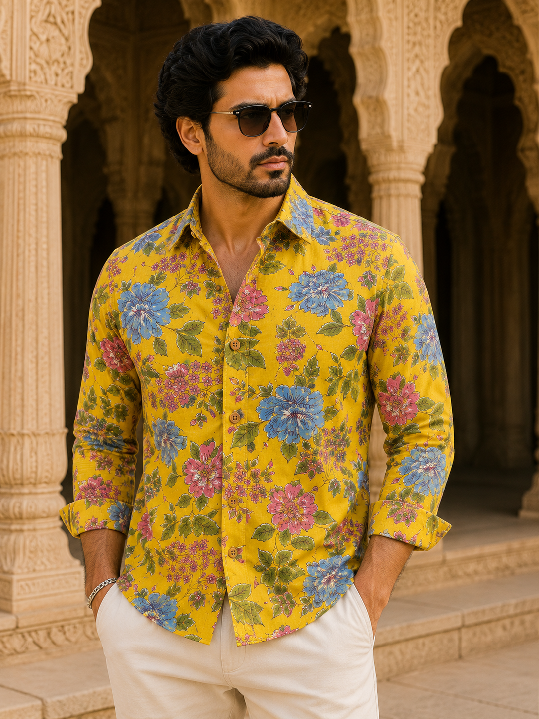 THEEMAR Premium Jaipuri Floral Printed Cotton Shirt for Men | Mustard Yellow | Full Sleeves