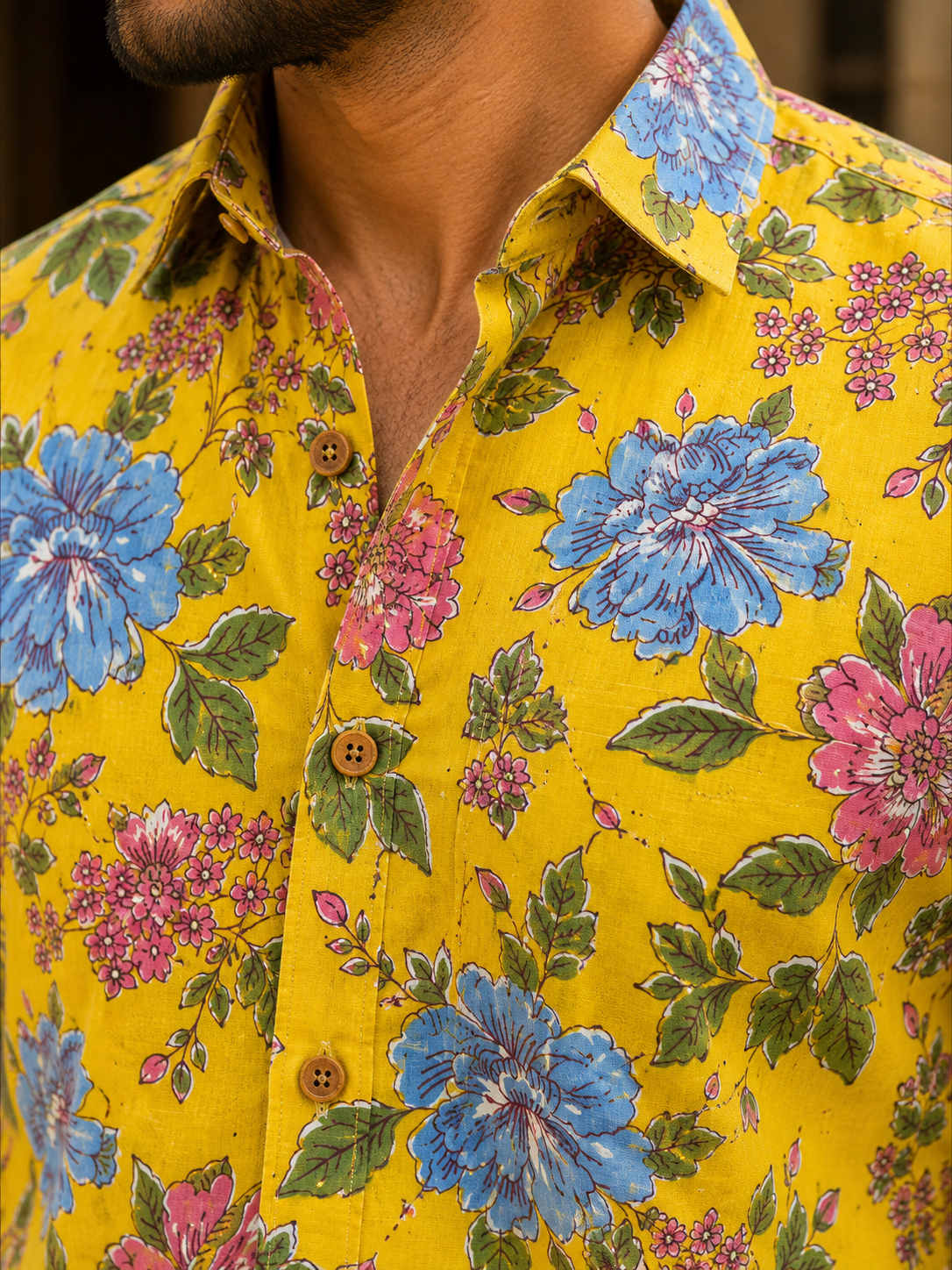 THEEMAR Premium Jaipuri Floral Printed Cotton Shirt for Men | Mustard Yellow | Full Sleeves