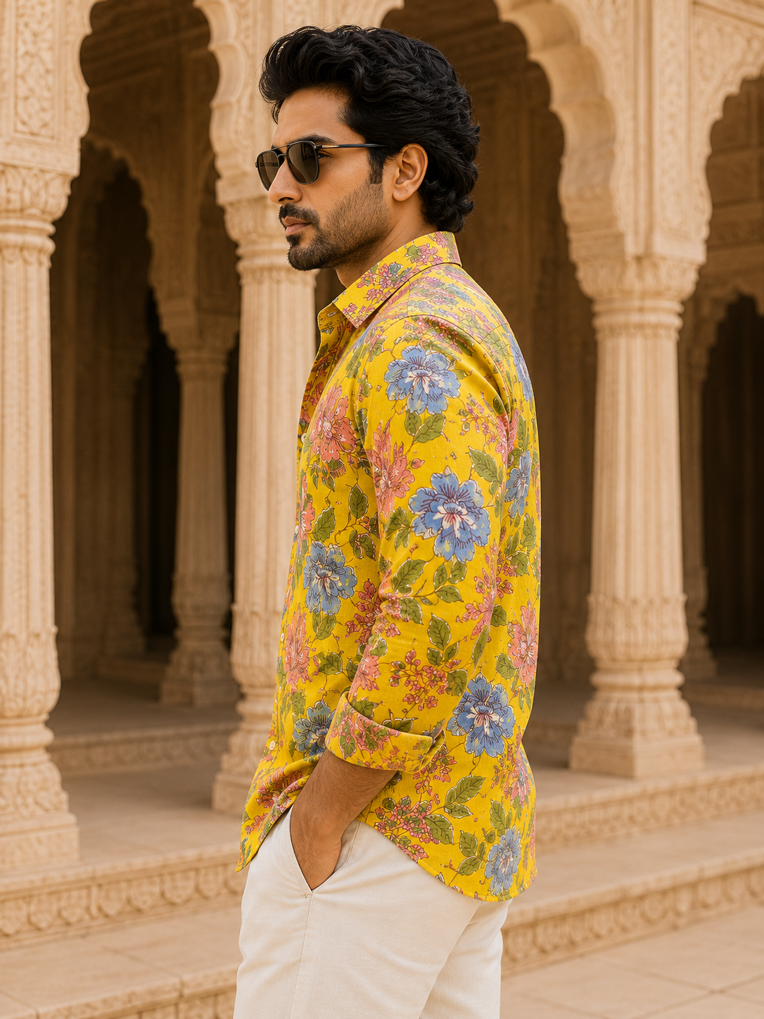 THEEMAR Premium Jaipuri Floral Printed Cotton Shirt for Men | Mustard Yellow | Full Sleeves