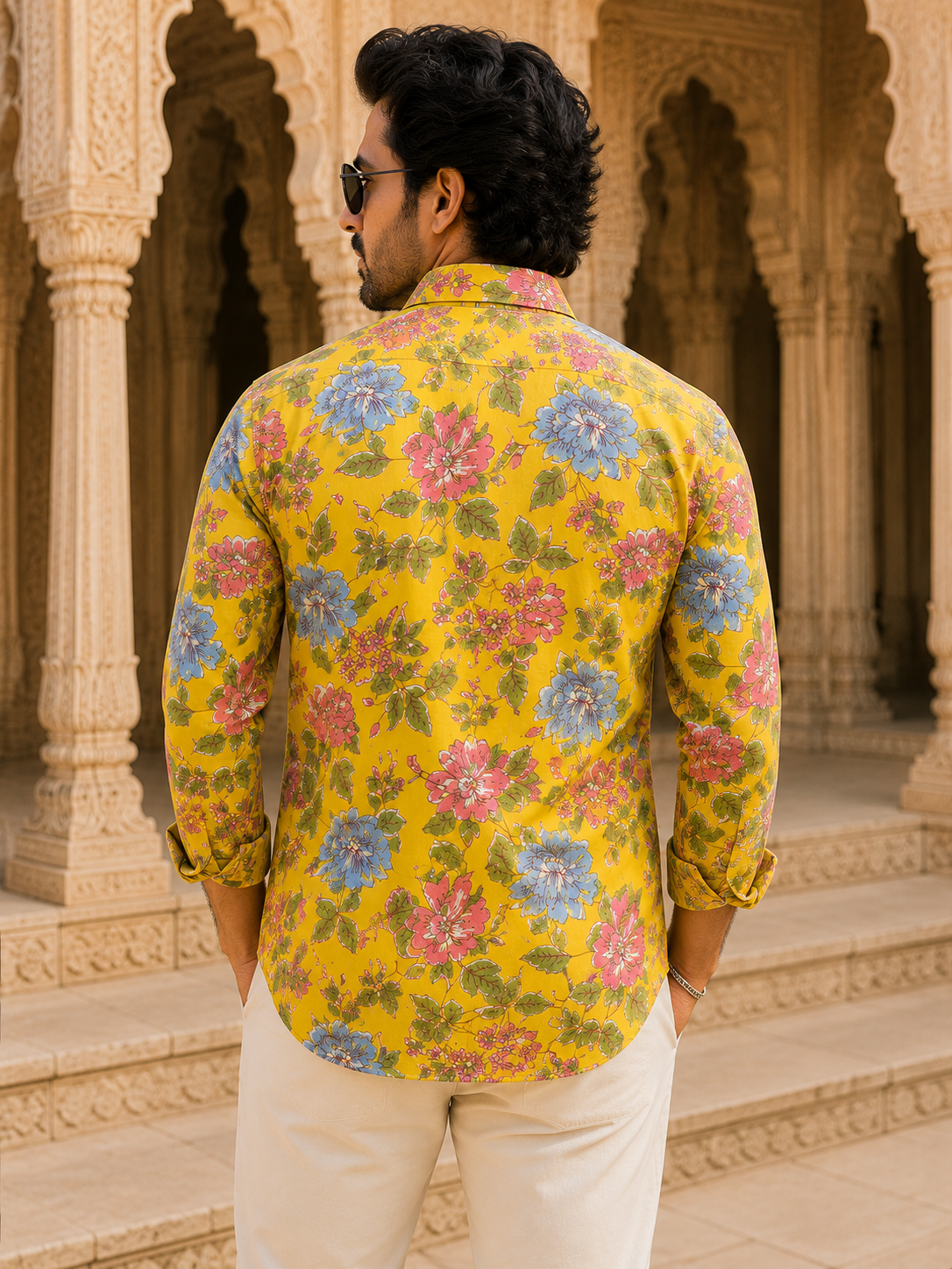 THEEMAR Premium Jaipuri Floral Printed Cotton Shirt for Men | Mustard Yellow | Full Sleeves