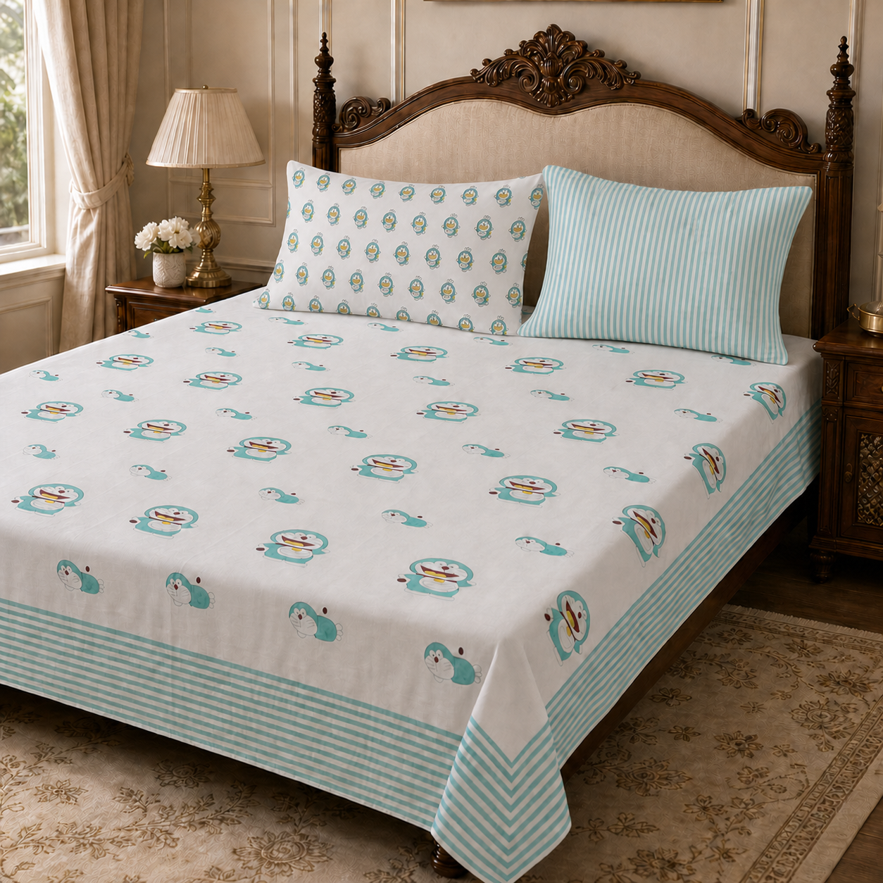 King Size Blue Cartoon Cat Cotton Percale Bedsheet Set with 2 Pillow Covers