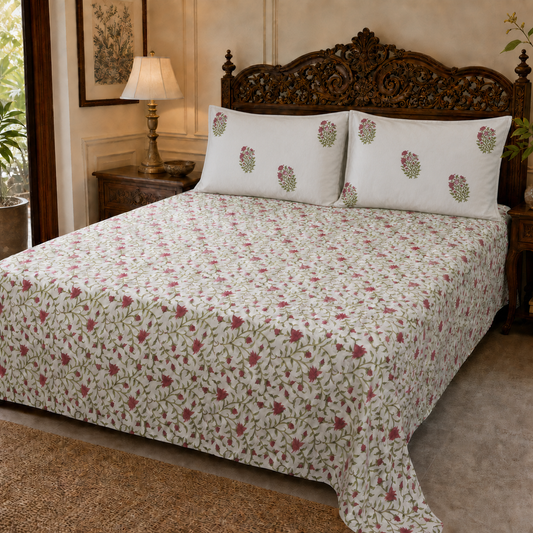 King Size Rose Vine Handblock Print 100% Pure Percale Cotton Bedsheet Set