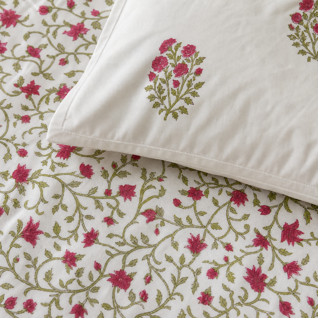 King Size Rose Vine Handblock Print 100% Pure Percale Cotton Bedsheet Set