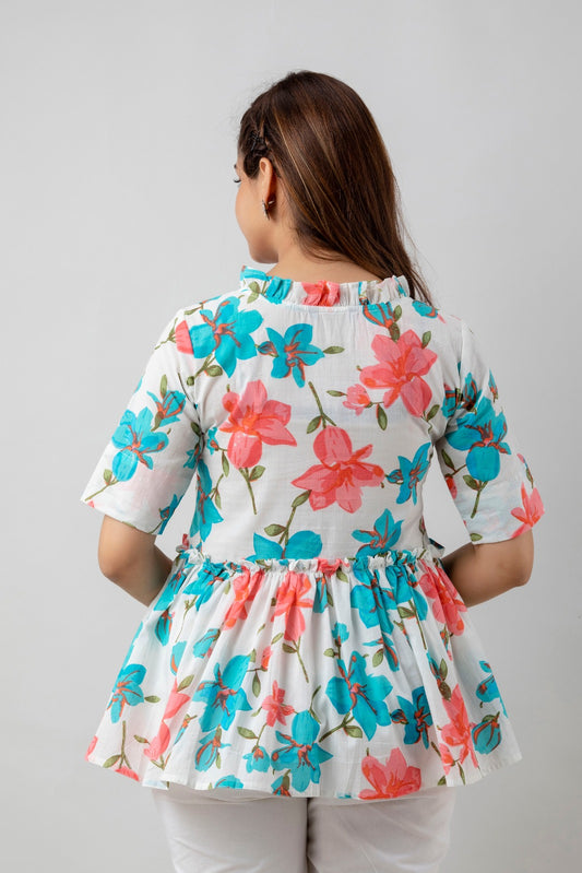 COTTON COLLARED SKY BLUE & PINK PRINTED TOP (TMR007)