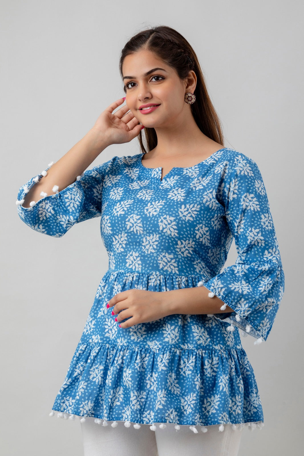 COTTON SKY BLUE & WHITE PRINTED TOP (TMR005)