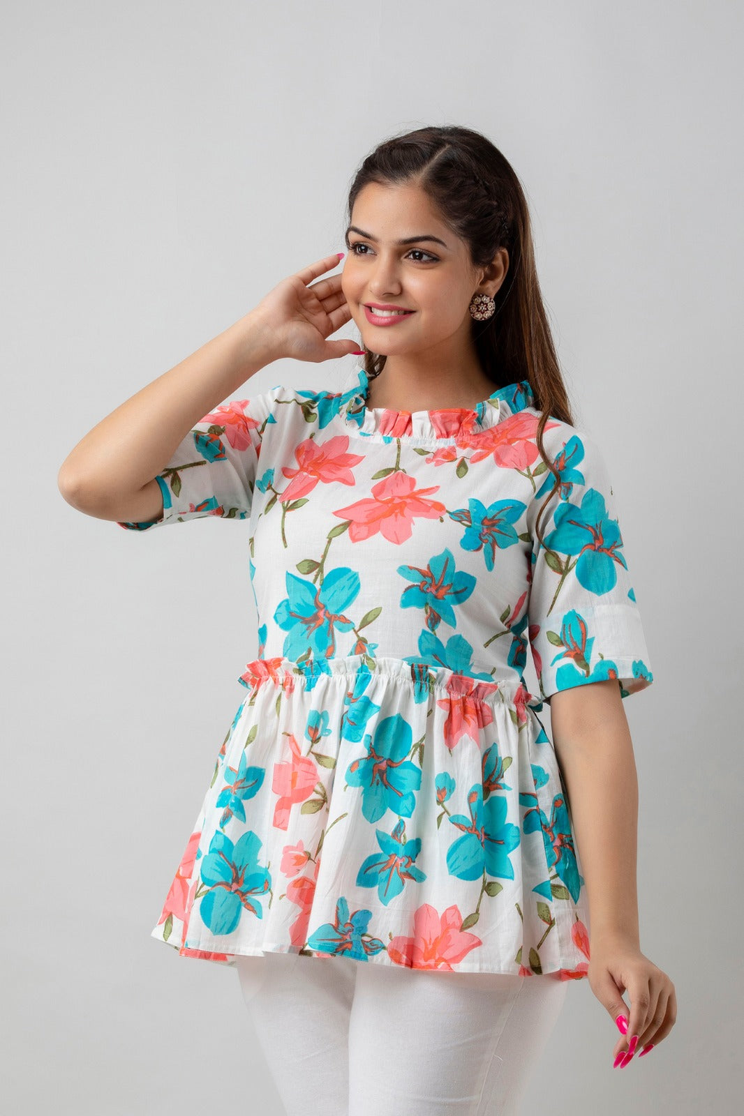 COTTON COLLARED SKY BLUE & PINK PRINTED TOP (TMR007)