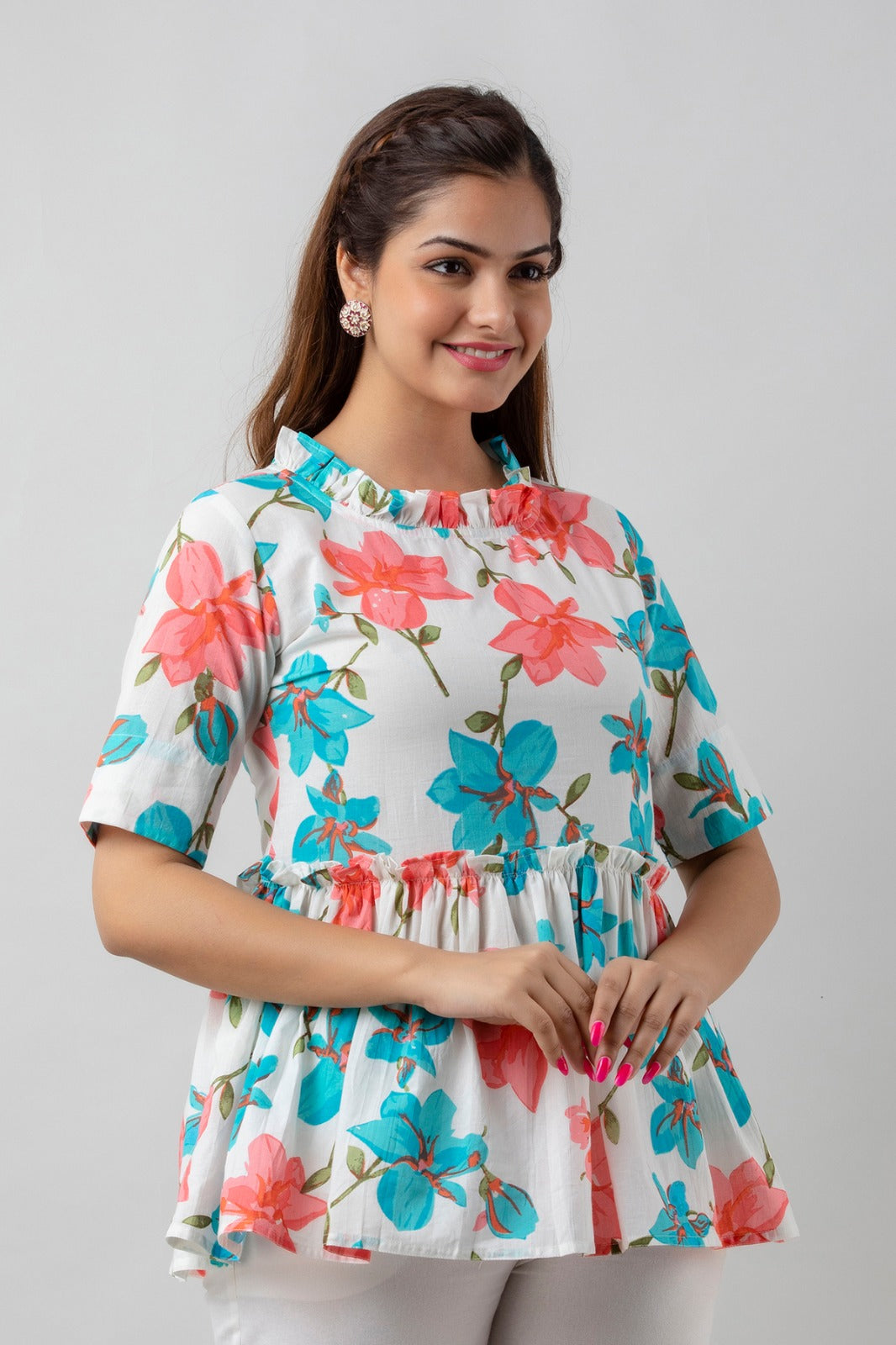 COTTON COLLARED SKY BLUE & PINK PRINTED TOP (TMR007)