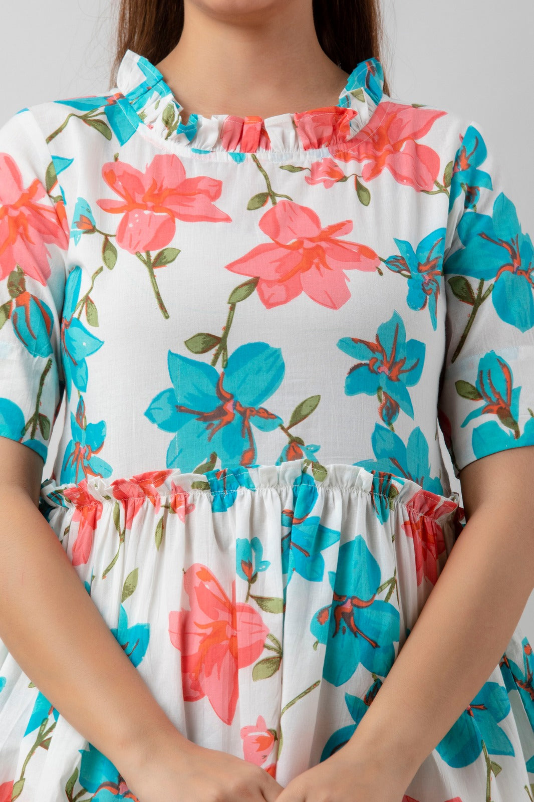 COTTON COLLARED SKY BLUE & PINK PRINTED TOP (TMR007)