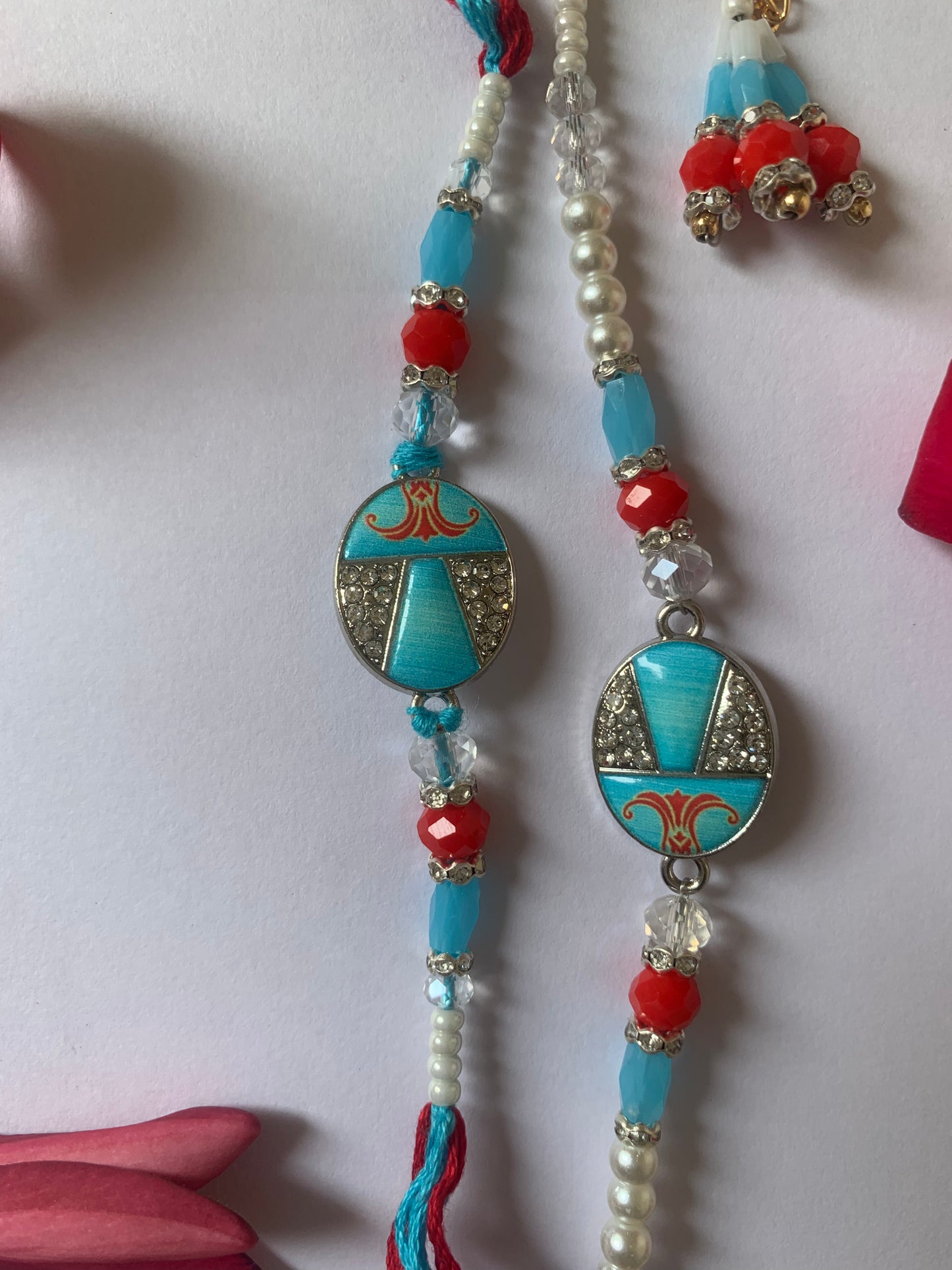 Premium Bhai Bhabhi Rakhi Jodi | Designer Blue Pearl & Crystal Rakhi Set | Handmade Raksha Bandhan Gift