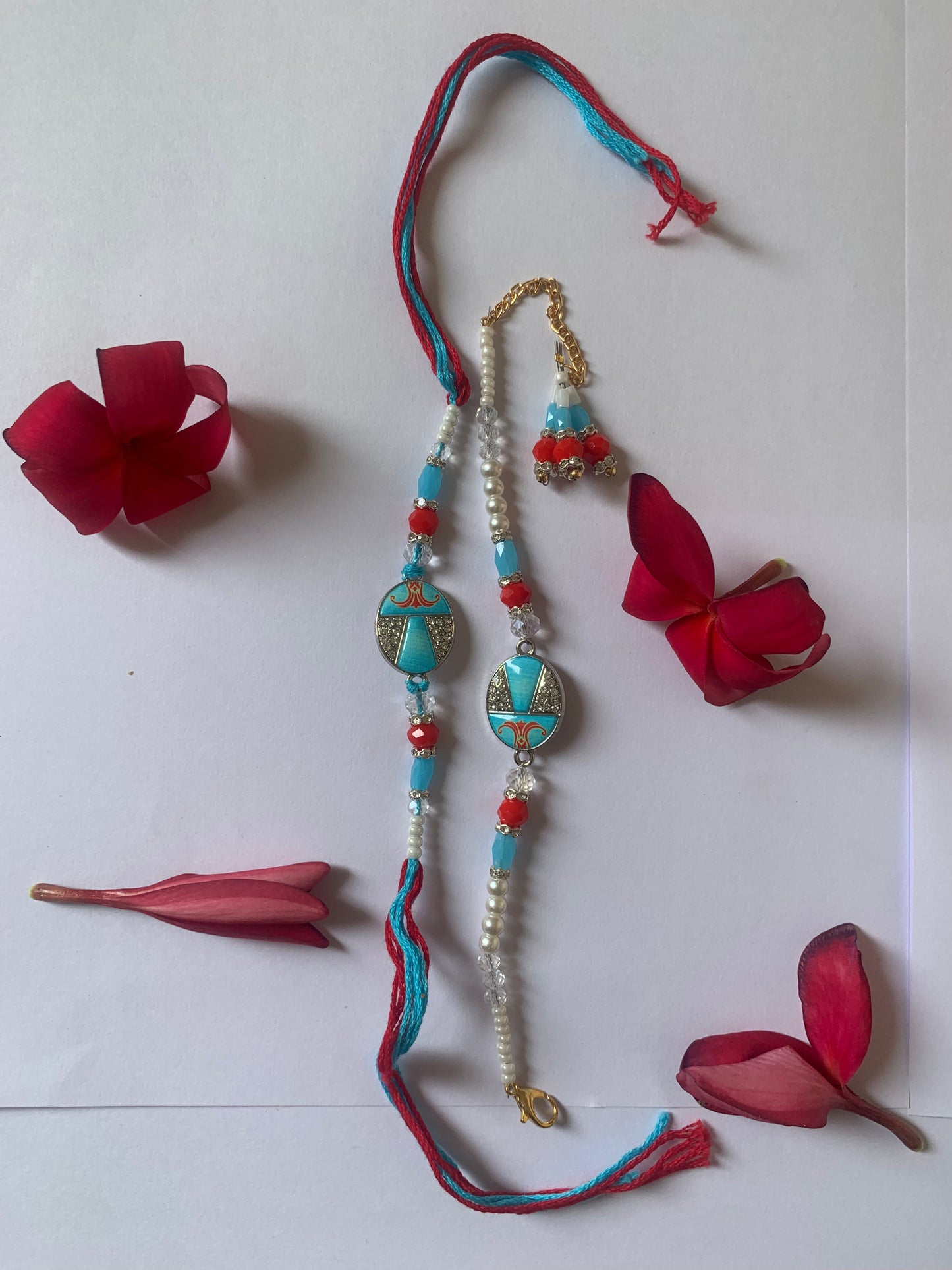 Premium Bhai Bhabhi Rakhi Jodi | Designer Blue Pearl & Crystal Rakhi Set | Handmade Raksha Bandhan Gift