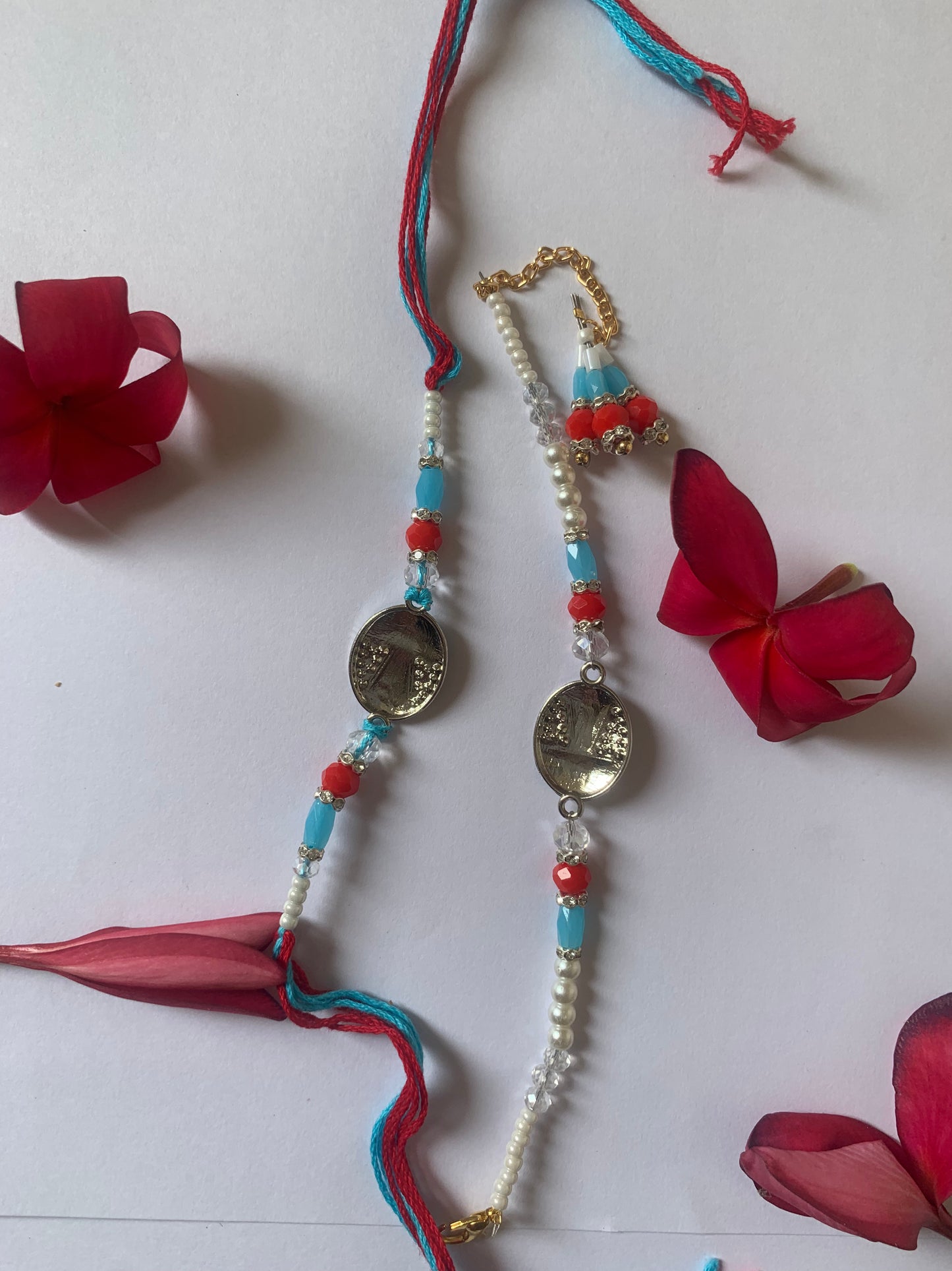 Premium Bhai Bhabhi Rakhi Jodi | Designer Blue Pearl & Crystal Rakhi Set | Handmade Raksha Bandhan Gift