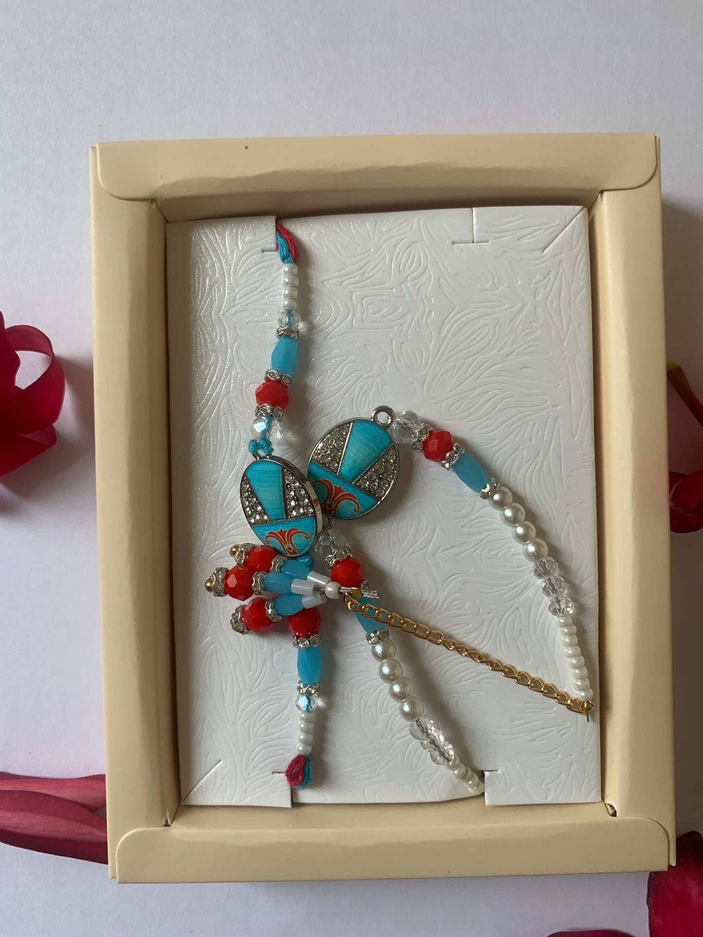 Premium Bhai Bhabhi Rakhi Jodi | Designer Blue Pearl & Crystal Rakhi Set | Handmade Raksha Bandhan Gift