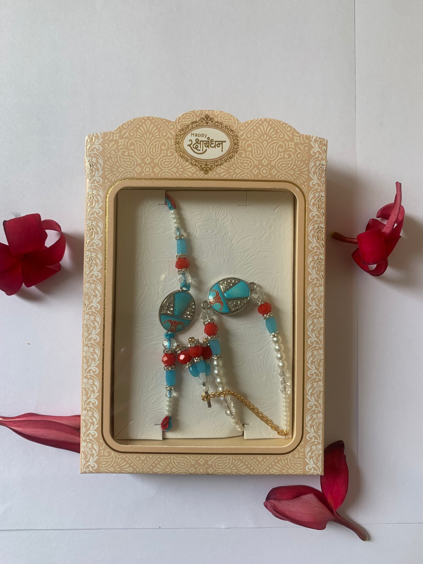 Premium Bhai Bhabhi Rakhi Jodi | Designer Blue Pearl & Crystal Rakhi Set | Handmade Raksha Bandhan Gift