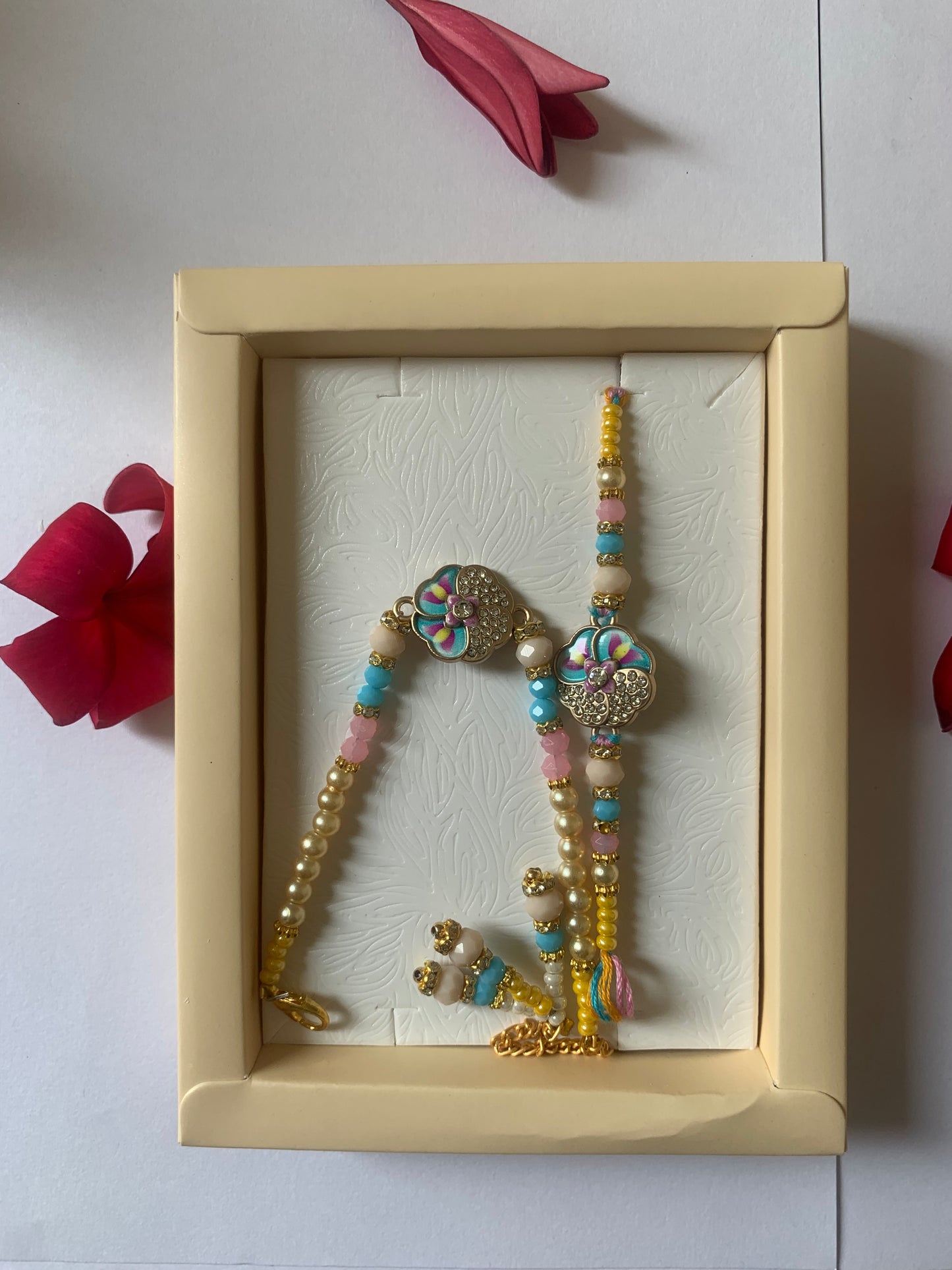 Premium Designer Bhai Bhabhi Rakhi Jodi | Pastel Floral Crystal Rakhi Set | Handmade Raksha Bandhan Gift