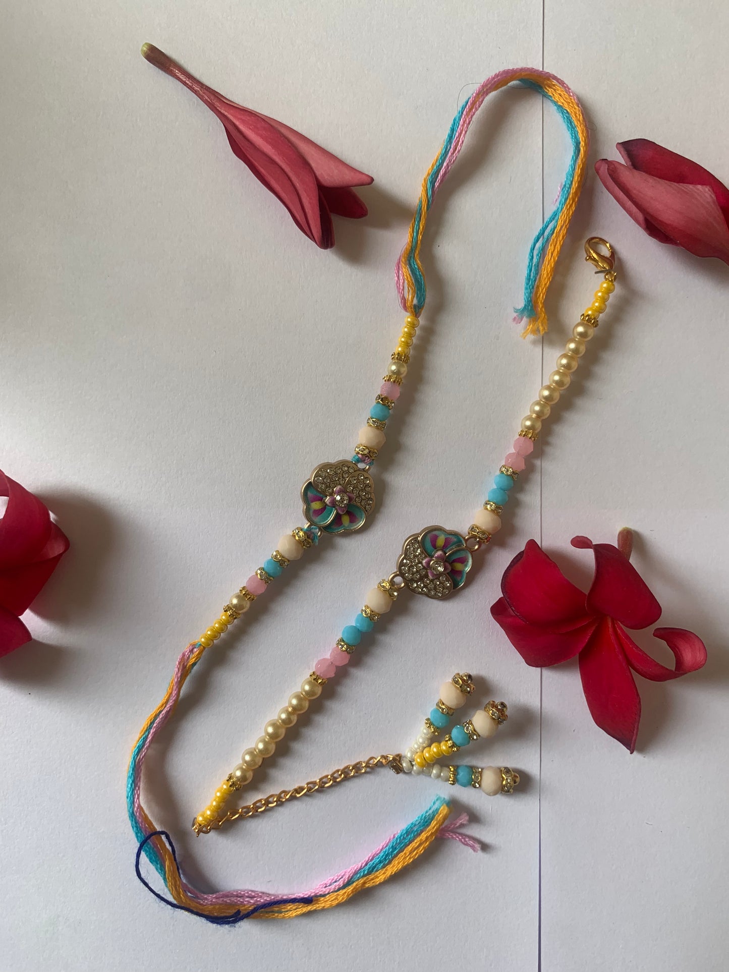 Premium Designer Bhai Bhabhi Rakhi Jodi | Pastel Floral Crystal Rakhi Set | Handmade Raksha Bandhan Gift
