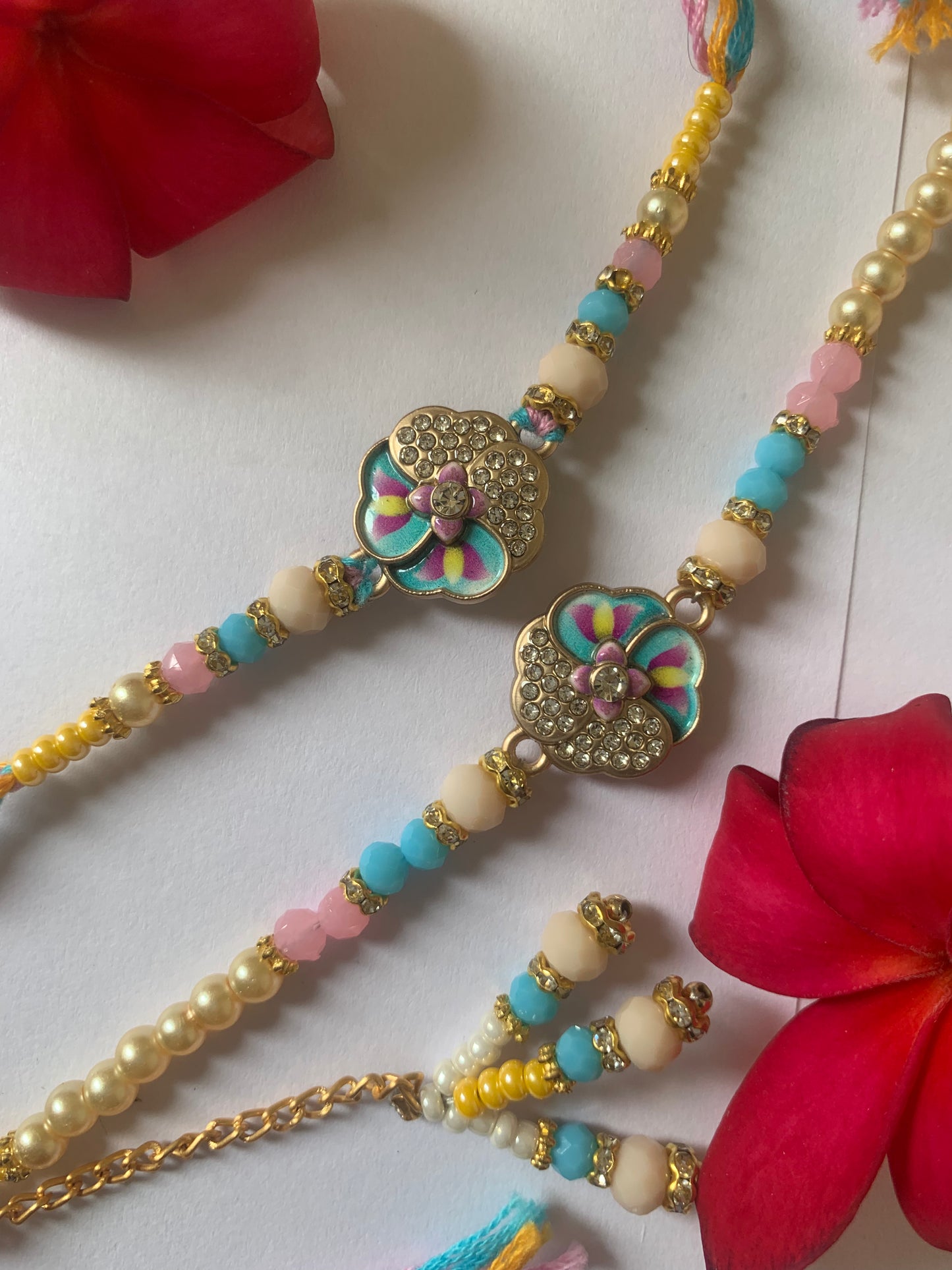 Premium Designer Bhai Bhabhi Rakhi Jodi | Pastel Floral Crystal Rakhi Set | Handmade Raksha Bandhan Gift
