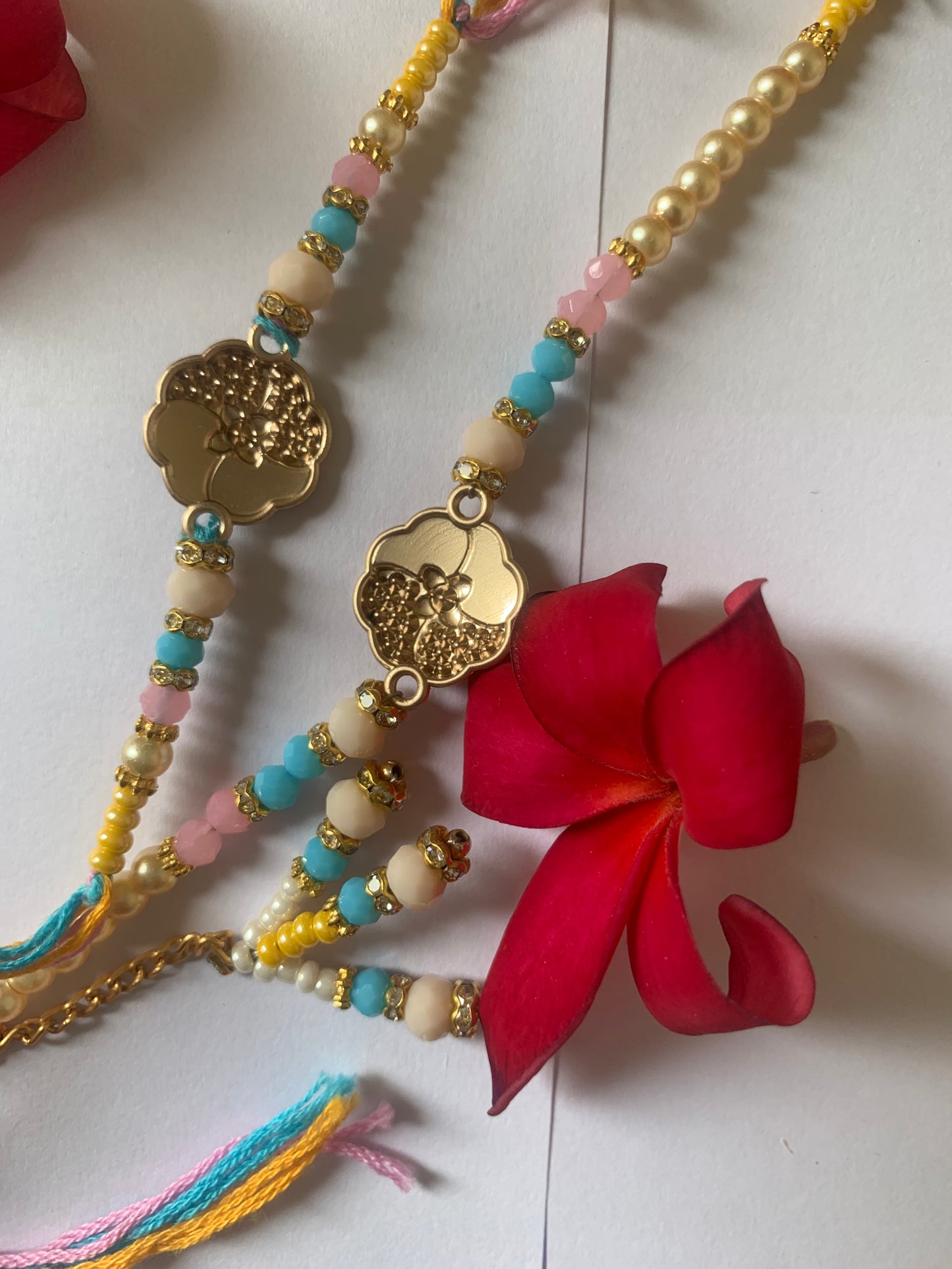 Premium Designer Bhai Bhabhi Rakhi Jodi | Pastel Floral Crystal Rakhi Set | Handmade Raksha Bandhan Gift