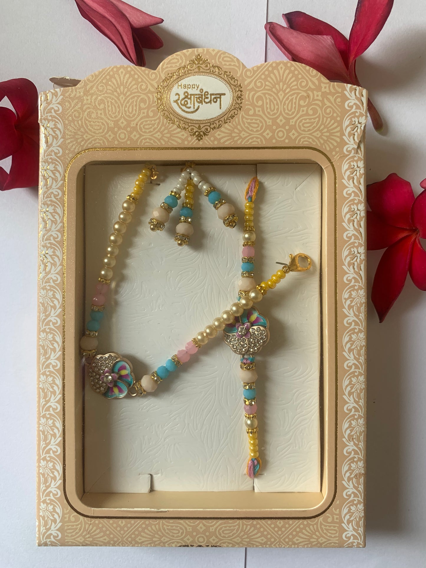 Premium Designer Bhai Bhabhi Rakhi Jodi | Pastel Floral Crystal Rakhi Set | Handmade Raksha Bandhan Gift