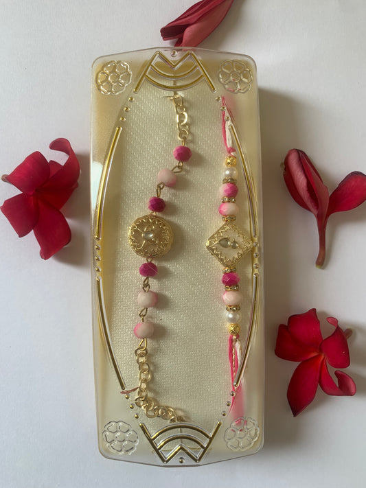 Premium Pink Designer Bhai Bhabhi Rakhi Jodi | Luxury Pearl & Gold Rakhi Set | Raksha Bandhan Gift