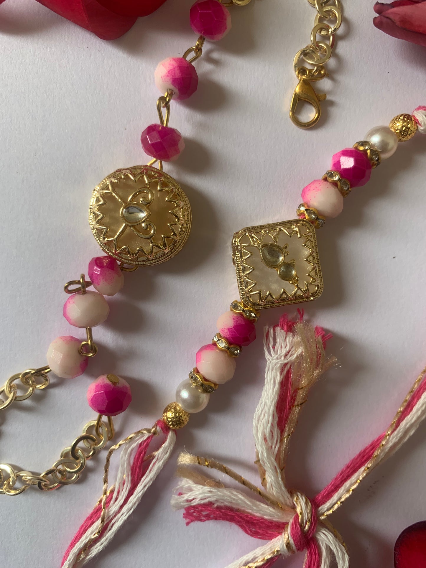 Premium Pink Designer Bhai Bhabhi Rakhi Jodi | Luxury Pearl & Gold Rakhi Set | Raksha Bandhan Gift