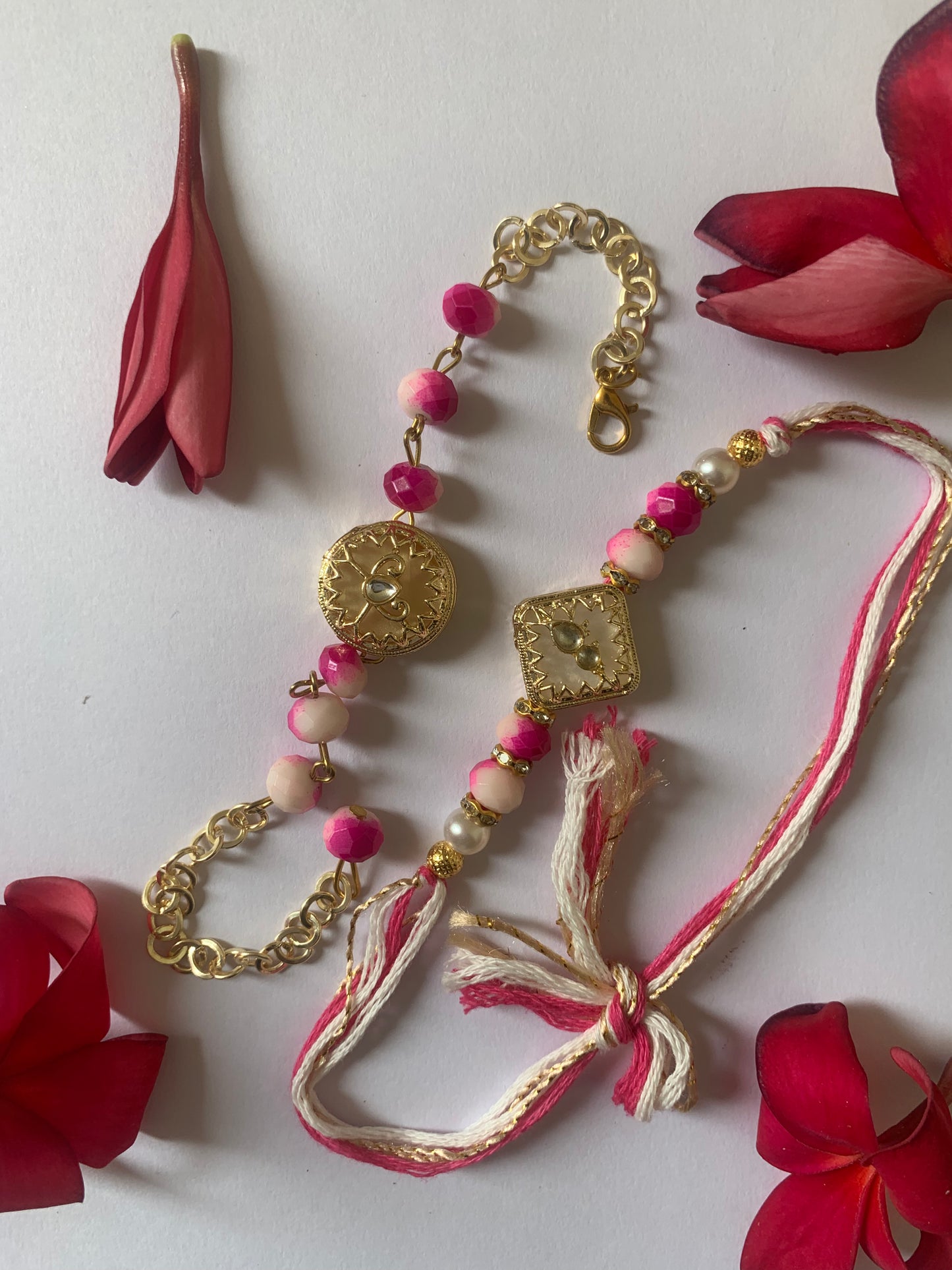Premium Pink Designer Bhai Bhabhi Rakhi Jodi | Luxury Pearl & Gold Rakhi Set | Raksha Bandhan Gift