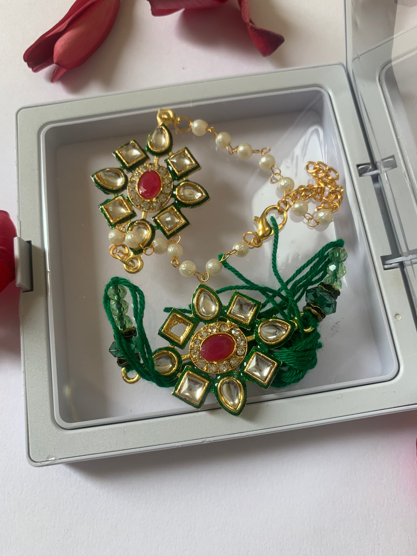 Royal Emerald Kundan Bhai Bhabhi Rakhi Jodi | Premium Pearl Chain Lumba Rakhi Set | Raksha Bandhan Special
