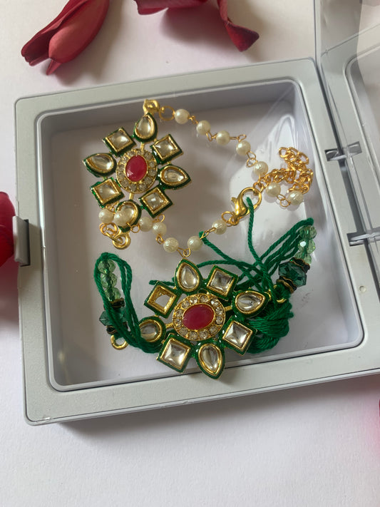 Royal Emerald Kundan Bhai Bhabhi Rakhi Jodi | Premium Pearl Chain Lumba Rakhi Set | Raksha Bandhan Special