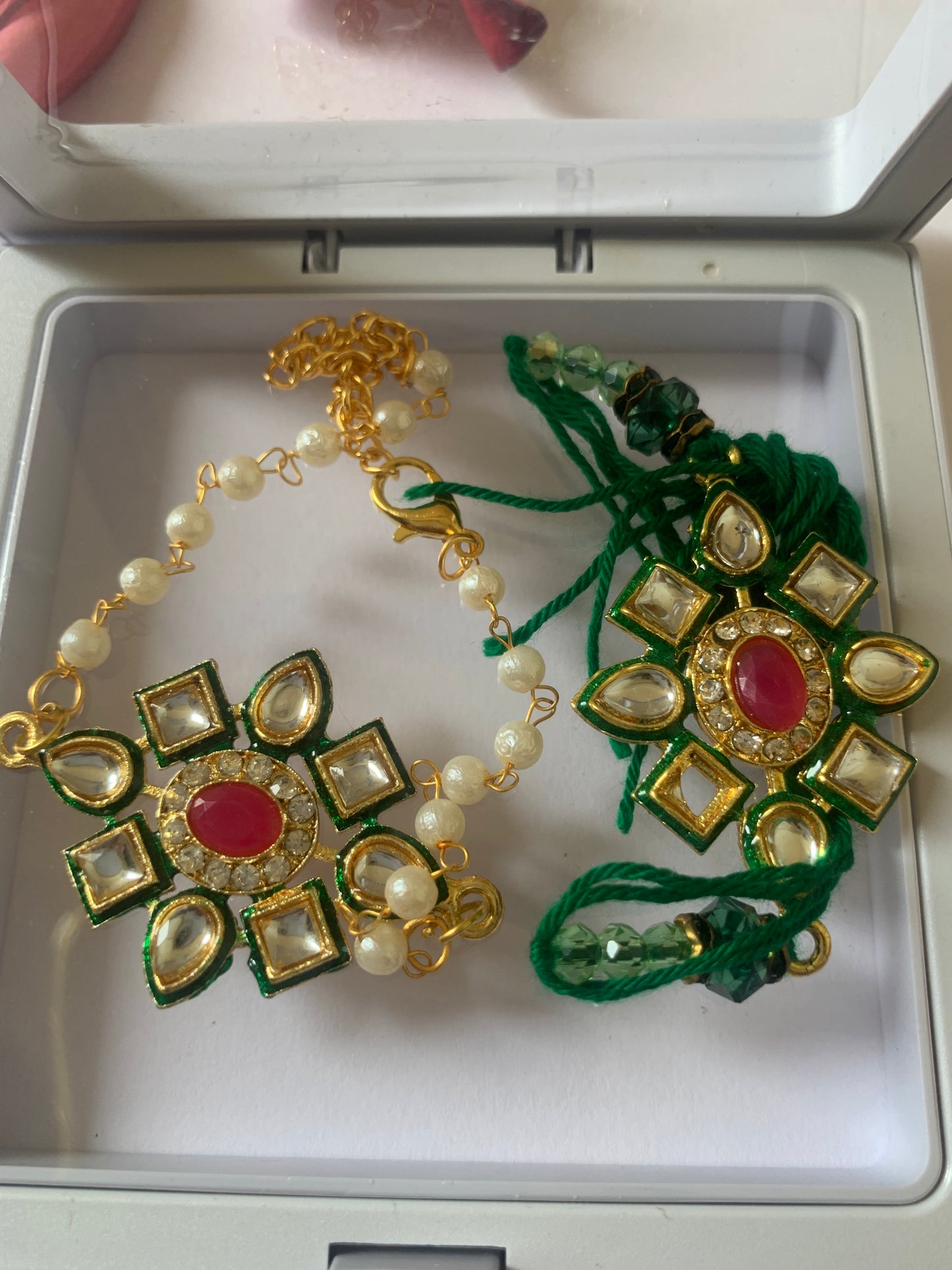 Royal Emerald Kundan Bhai Bhabhi Rakhi Jodi | Premium Pearl Chain Lumba Rakhi Set | Raksha Bandhan Special