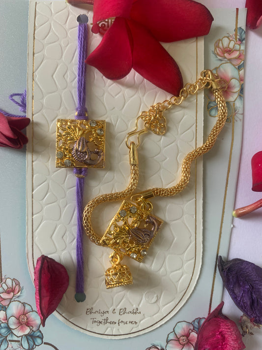 Royal Lavender Bhai Bhabhi Rakhi Jodi | Premium Gold Finish Lumba Rakhi Set with Jhumki | Raksha Bandhan Special