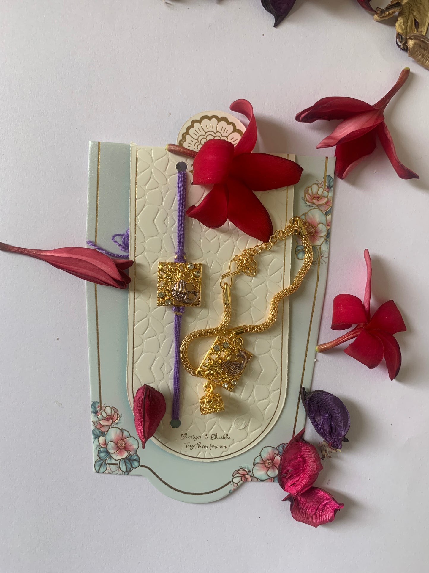 Royal Lavender Bhai Bhabhi Rakhi Jodi | Premium Gold Finish Lumba Rakhi Set with Jhumki | Raksha Bandhan Special