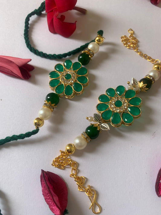 Royal Emerald Floral Bhai Bhabhi Rakhi Jodi | Premium Green Pearl Designer Lumba Rakhi Set | Raksha Bandhan Special