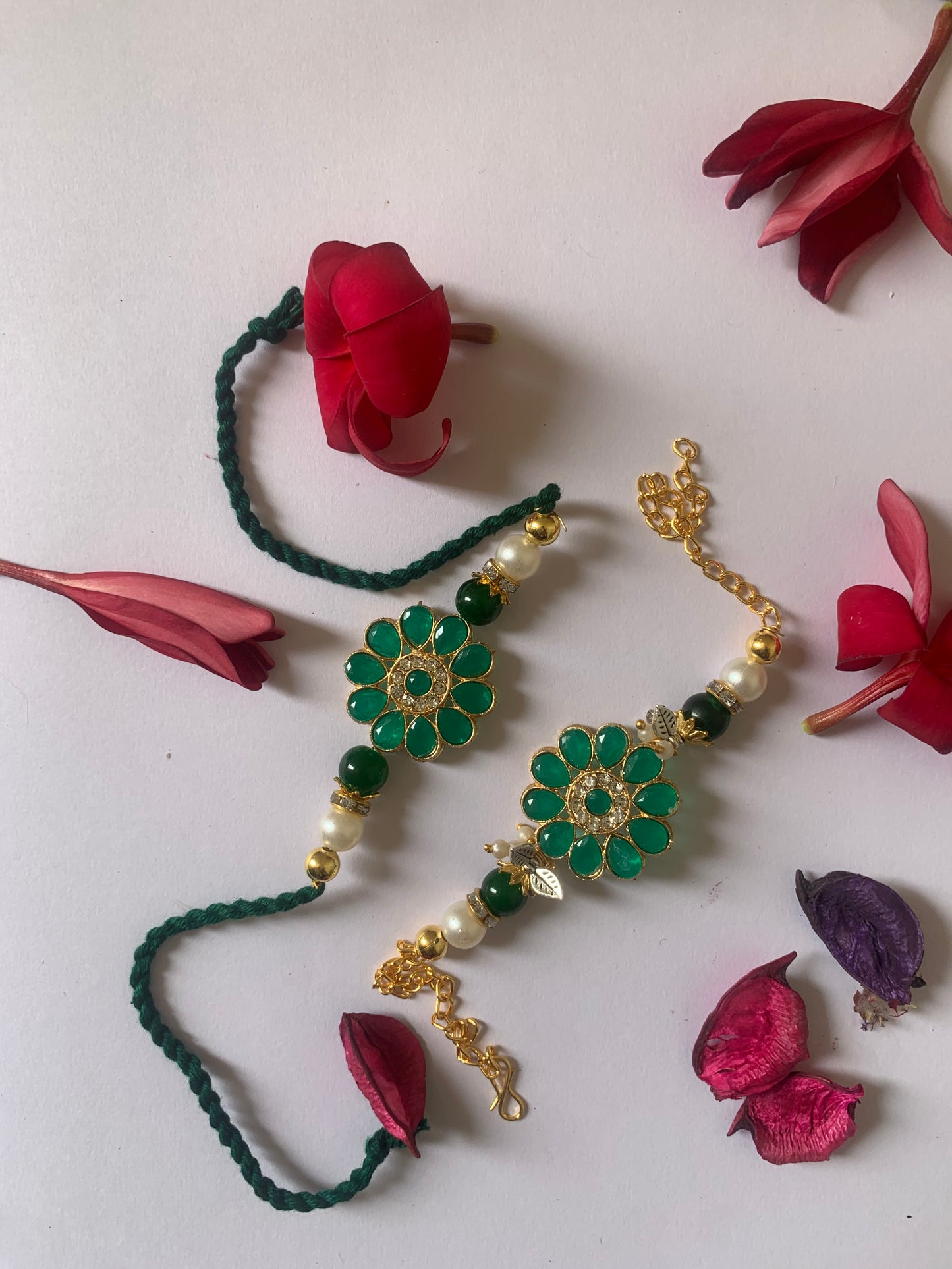 Royal Emerald Floral Bhai Bhabhi Rakhi Jodi | Premium Green Pearl Designer Lumba Rakhi Set | Raksha Bandhan Special