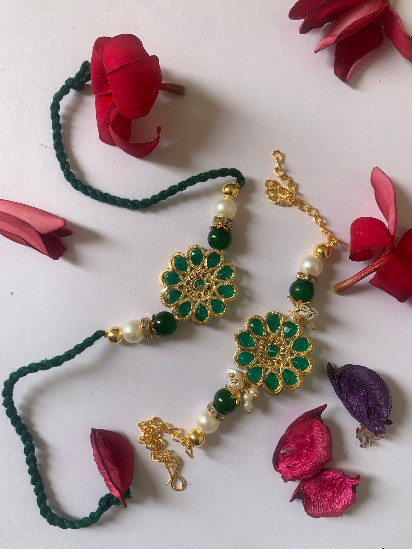 Royal Emerald Floral Bhai Bhabhi Rakhi Jodi | Premium Green Pearl Designer Lumba Rakhi Set | Raksha Bandhan Special
