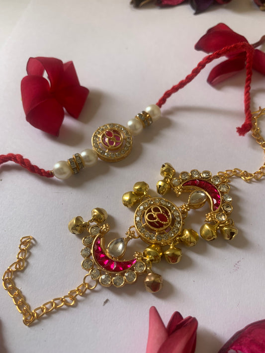 Divine Om Bhai Bhabhi Rakhi Jodi | Premium Pearl & Crescent Lumba Rakhi Set | Raksha Bandhan Special