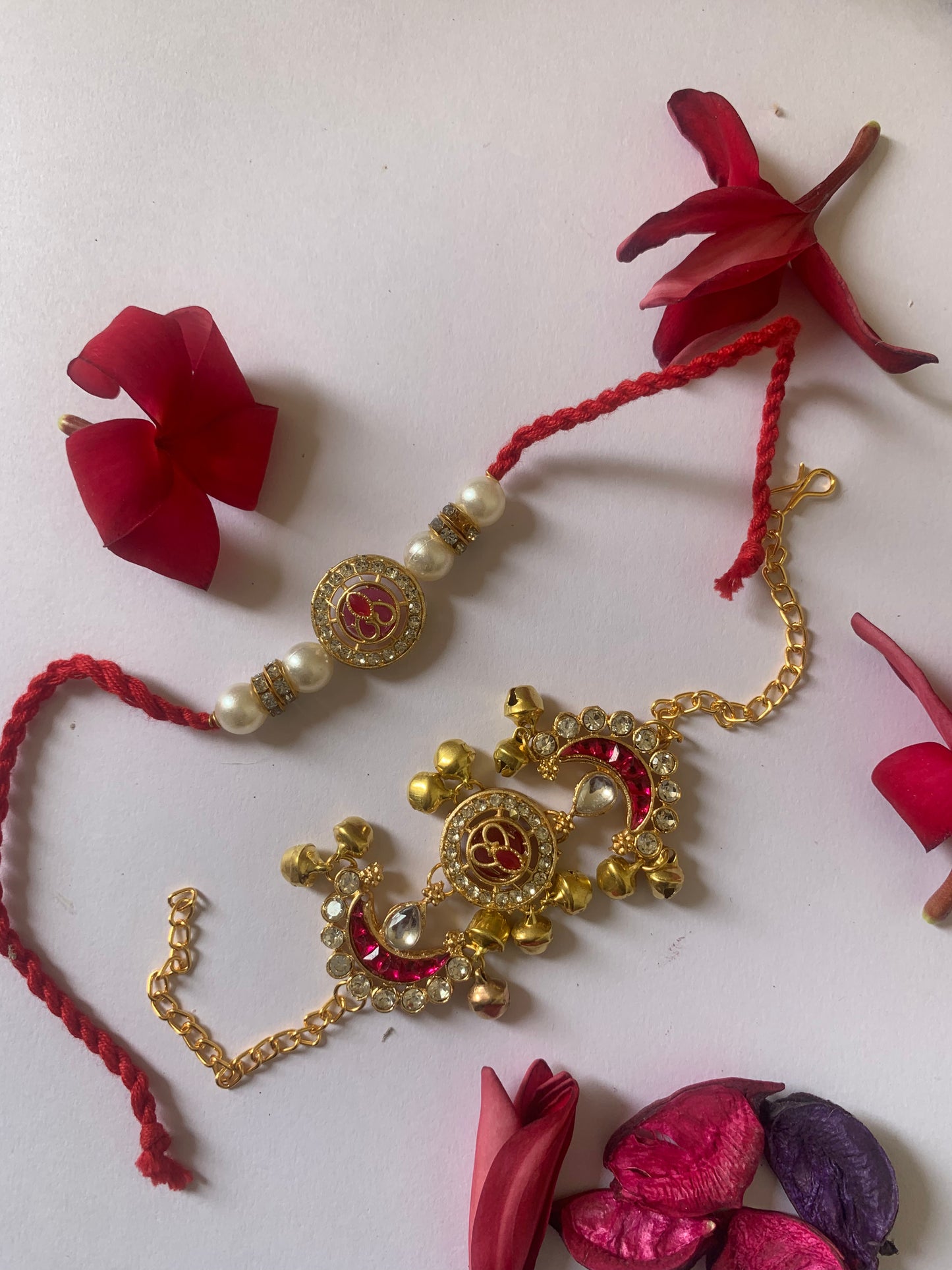 Divine Om Bhai Bhabhi Rakhi Jodi | Premium Pearl & Crescent Lumba Rakhi Set | Raksha Bandhan Special