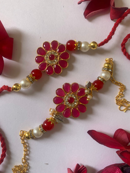 Royal Ruby Floral Bhai Bhabhi Rakhi Jodi | Premium Pearl Designer Lumba Rakhi Set | Raksha Bandhan Special