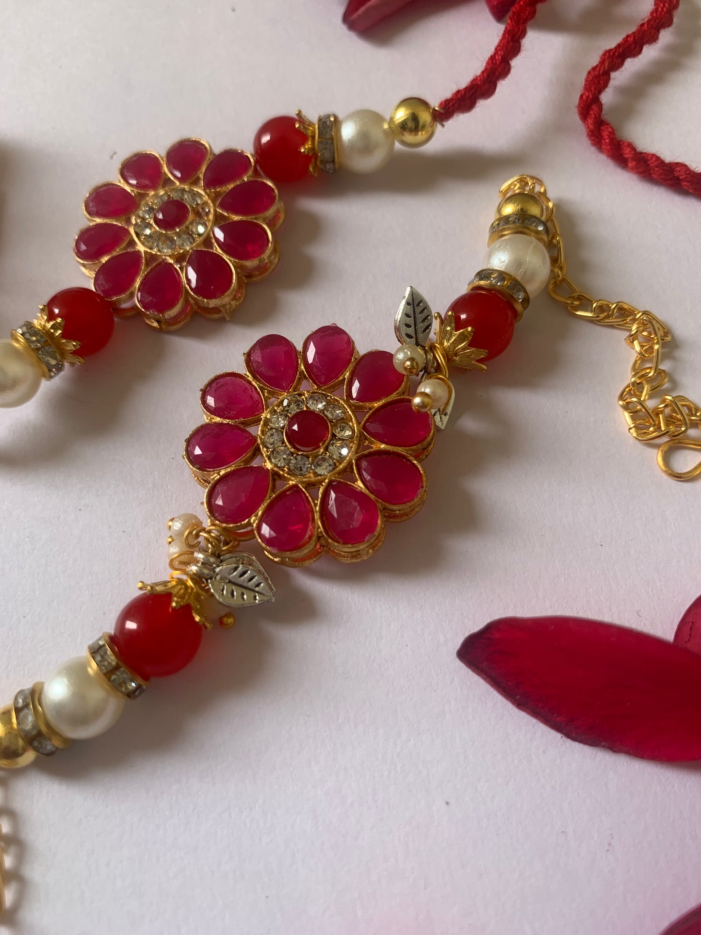Royal Ruby Floral Bhai Bhabhi Rakhi Jodi | Premium Pearl Designer Lumba Rakhi Set | Raksha Bandhan Special
