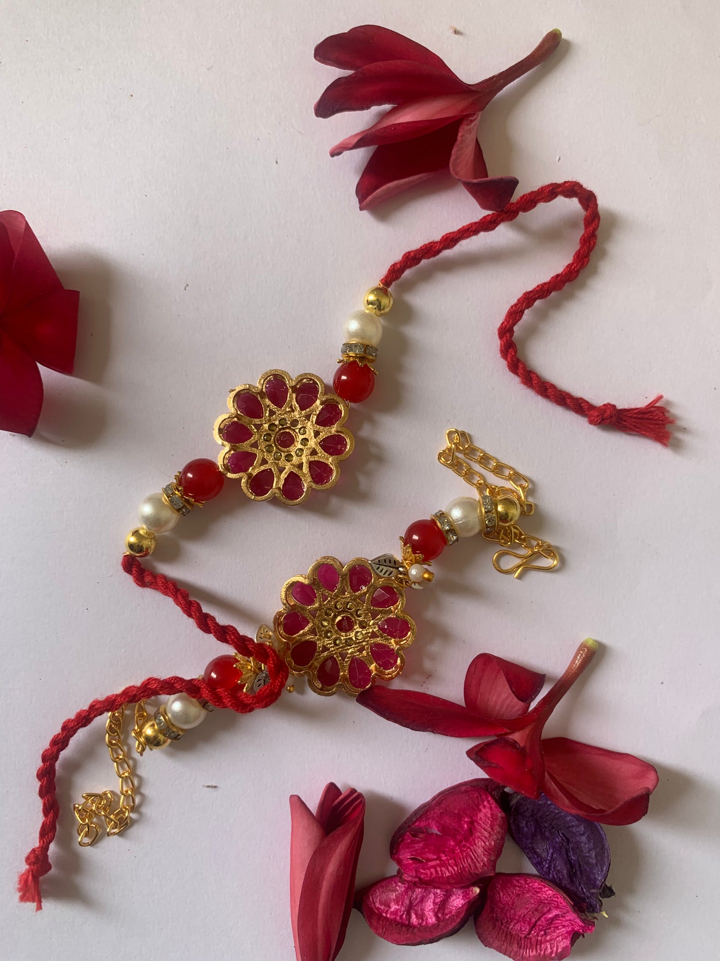 Royal Ruby Floral Bhai Bhabhi Rakhi Jodi | Premium Pearl Designer Lumba Rakhi Set | Raksha Bandhan Special