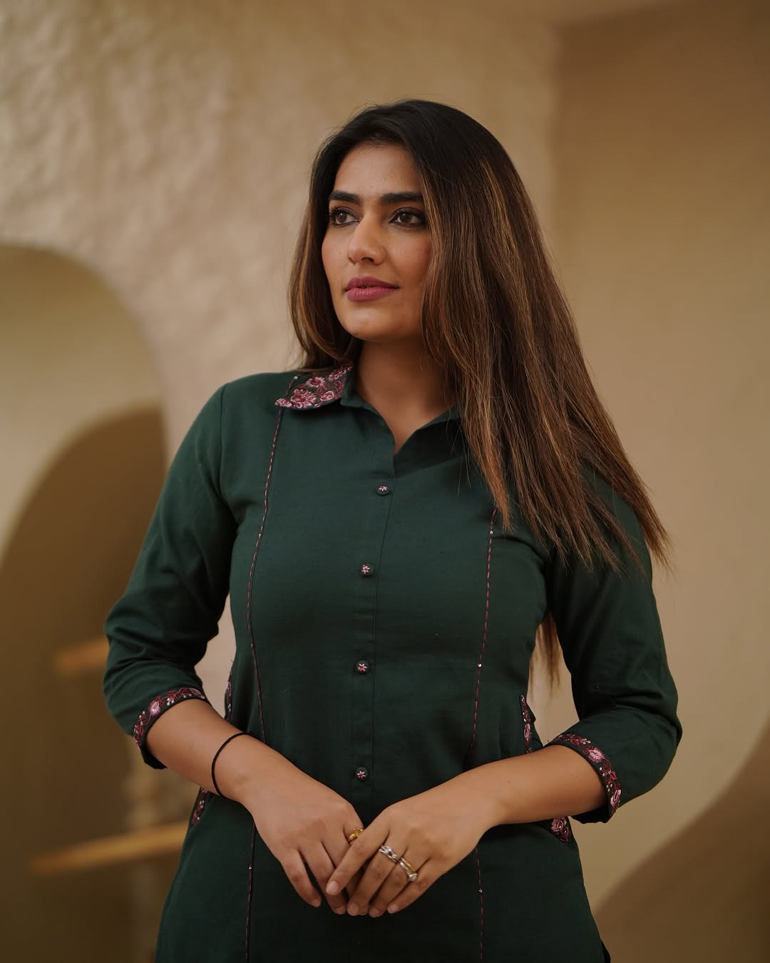 Premium Cotton A-Line Kurti Set(deep bottle green)