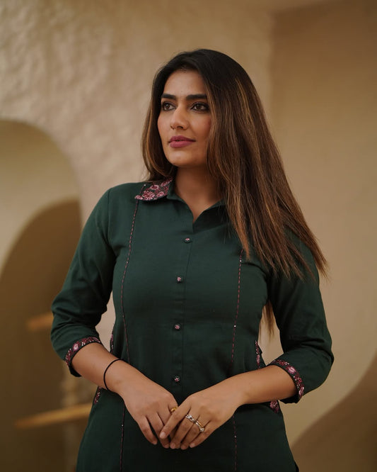 Premium Cotton A-Line Kurti Set(deep bottle green)