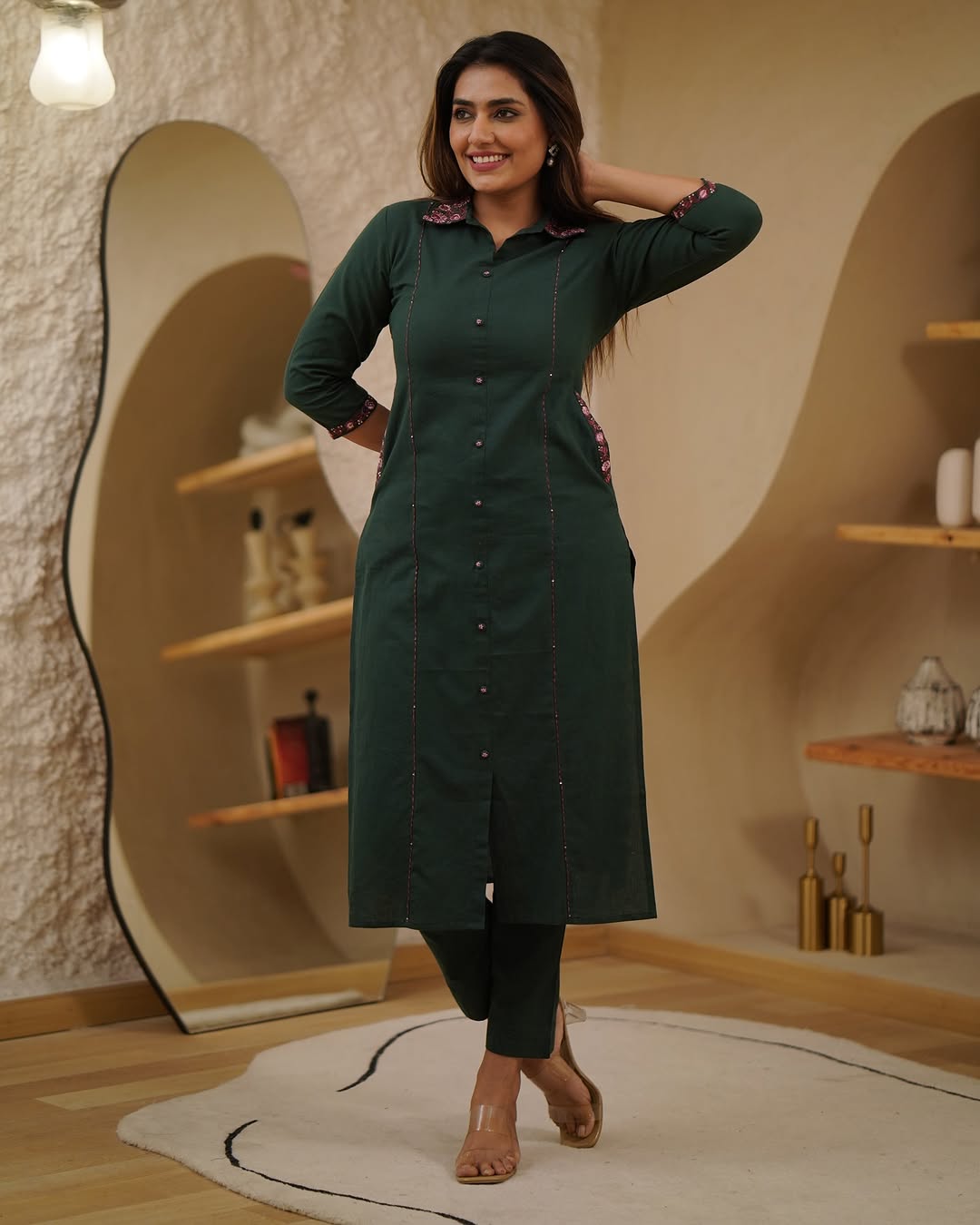 Premium Cotton A-Line Kurti Set(deep bottle green)