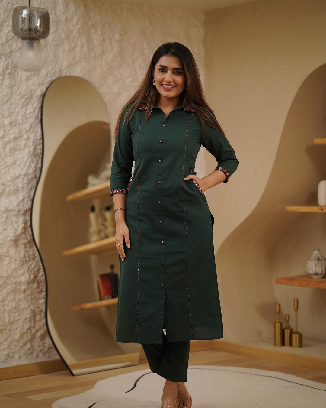 Premium Cotton A-Line Kurti Set(deep bottle green)