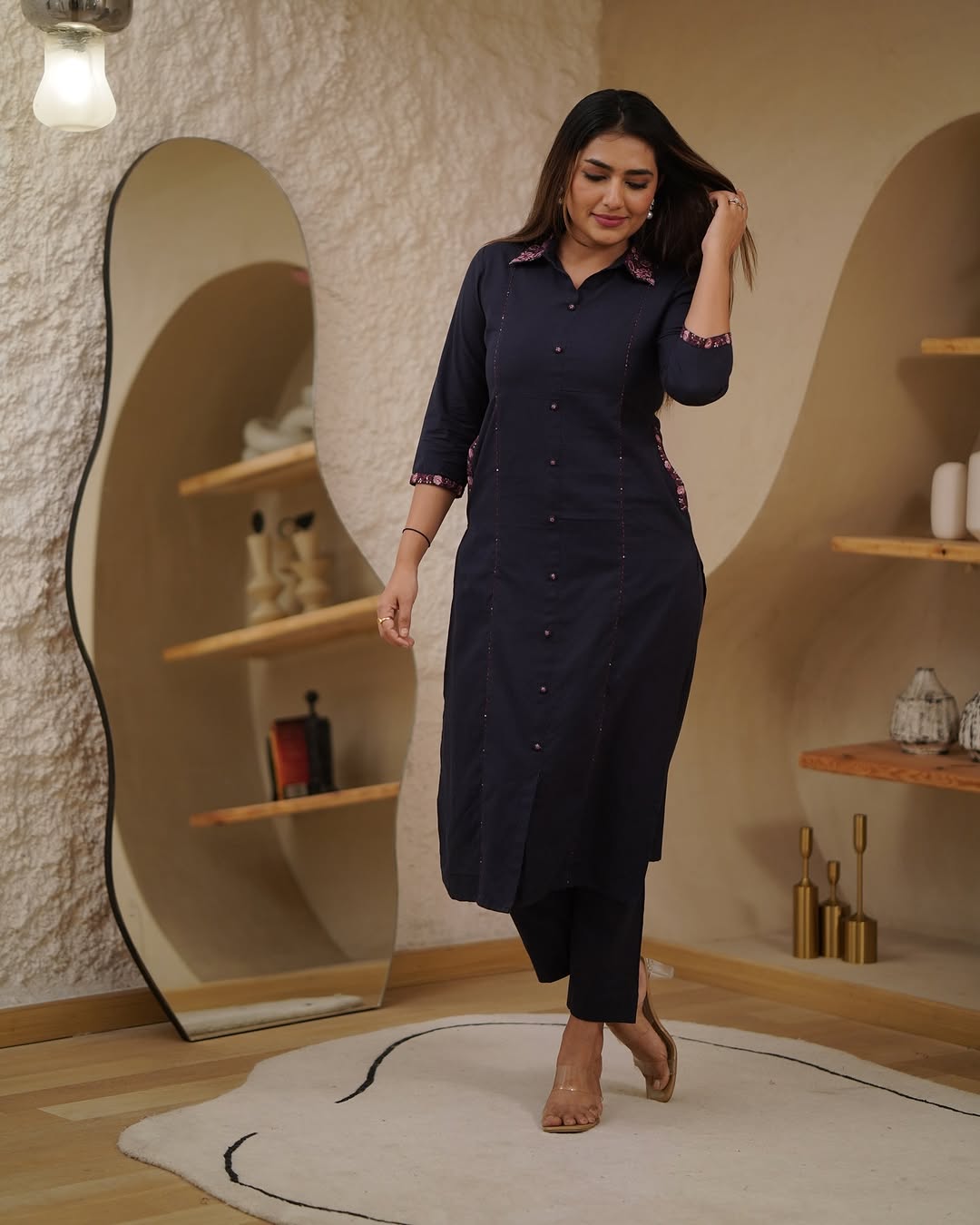 Premium Cotton A-Line Kurti Set(deep navy blue)