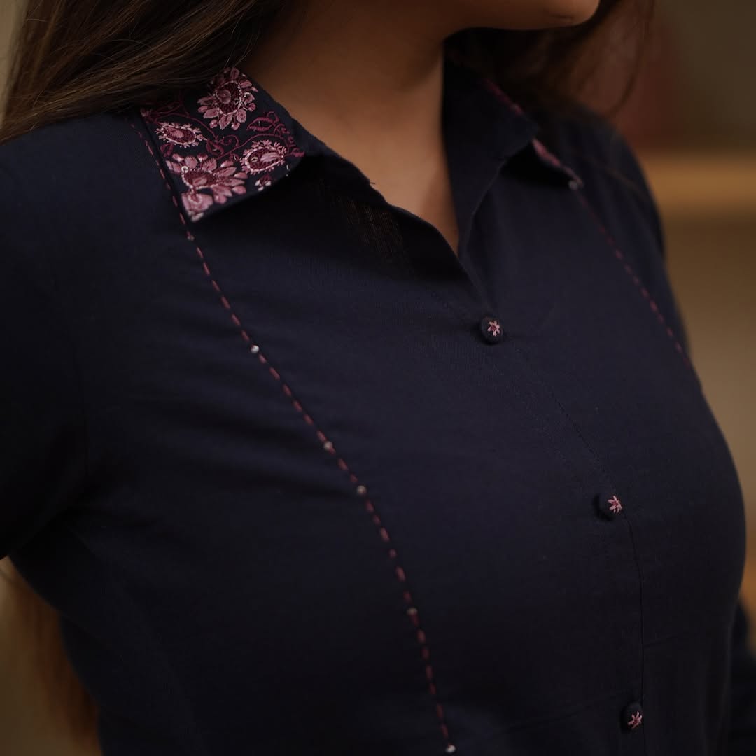 Premium Cotton A-Line Kurti Set(deep navy blue)